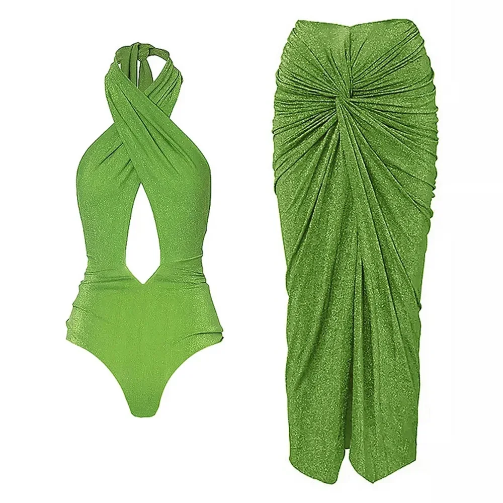 V Neck Shiny Swimsuit With Cover Up Sexy Swimwear Women 2025 Off Shoulder Swim Suits Female Sliming Bodysuit Chic Beachwear Dres