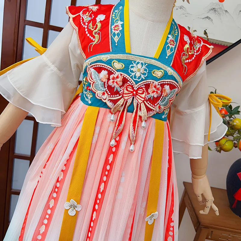 Hanfu bordado tradicional chino para niños, traje de hada para niñas dulces, vestido de la dinastía Han, traje de baile, bata de Cosplay, ropa de verano