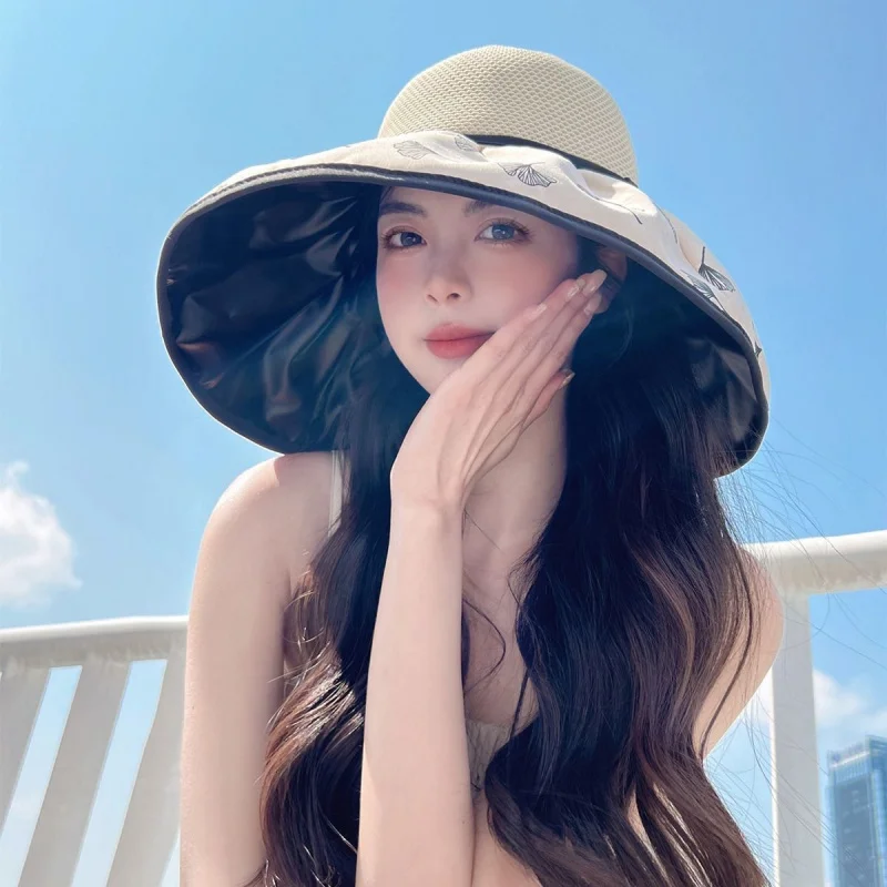 Personalizado. [Loja venda quente] chapéu feminino verão novo chapéu feminino estilo coreano aba grande chapéu de pescador arco vinil protetor
