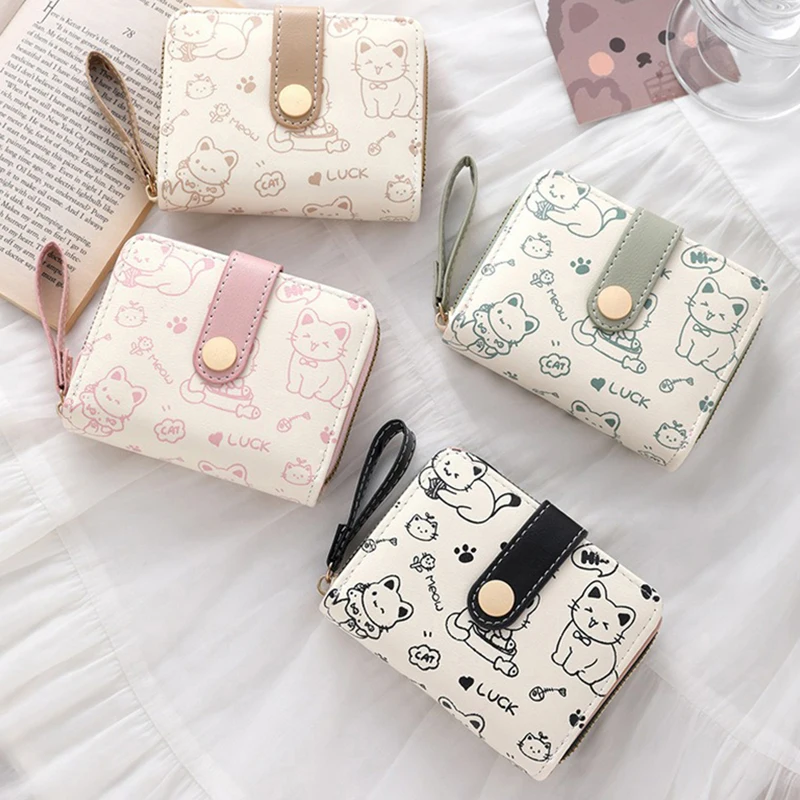 Women's Cute Cat Coins Purses Small Card Holder Wallets with Zipper Coin Pocket High Quality Square Bi-fold Wallet and Handbags image 5