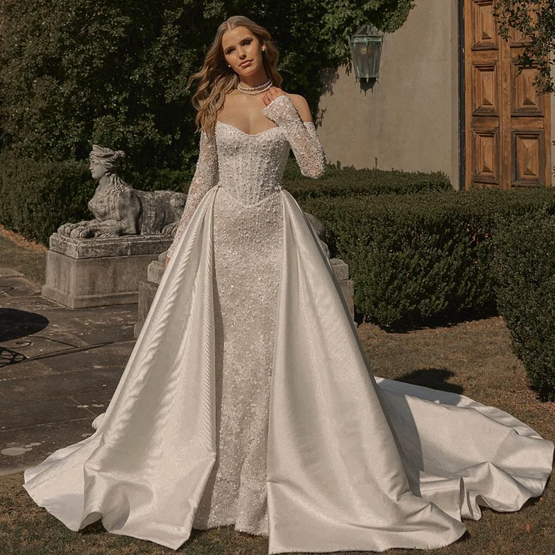 

ZOCI Detachable Train Wedding Dress Satin With Beading Mermaid Ballgown Fullsleeve Boat Neck Court Train Bride Vestido De Novia