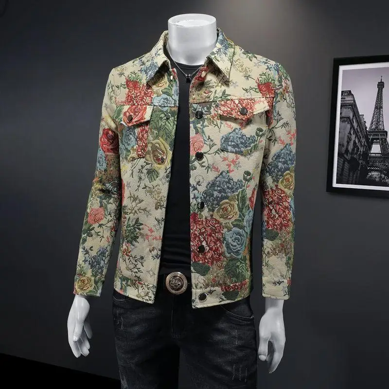 

Trendy Floral Print Jaet Collar Outerwear Single Button Personali Haome Autumn Winter Men's Clothing Casual Outerwear