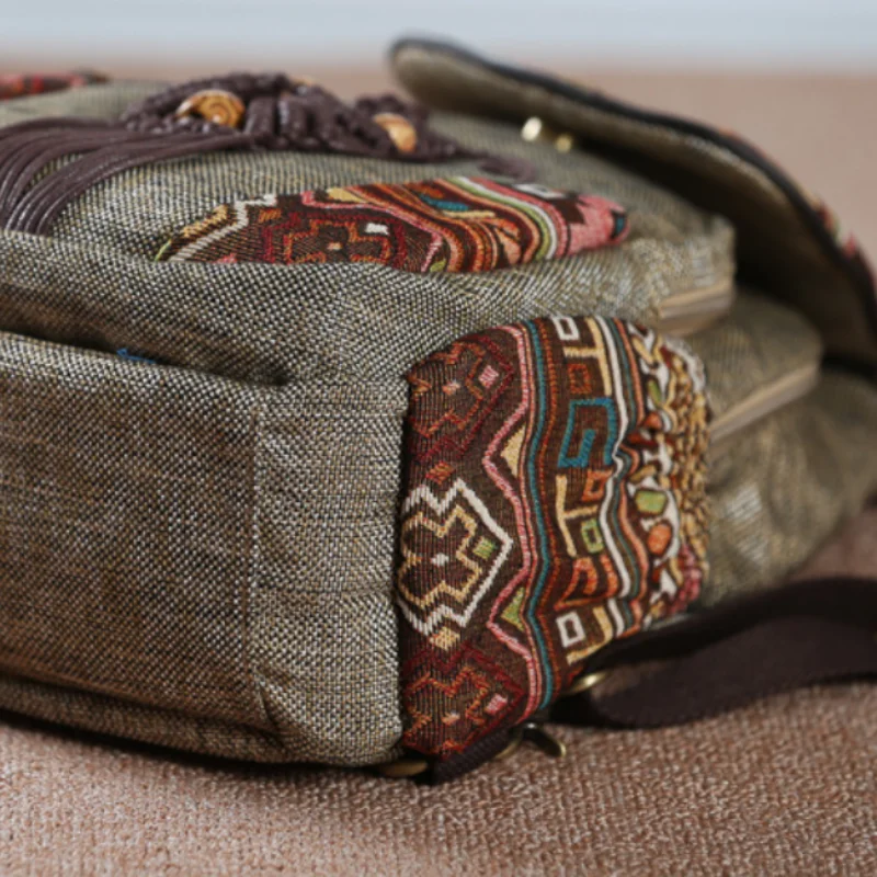 Women Retro Embroidered Canvas Backpack Soft Shoulder Straps Ethnic Flap Backpack Lightweight Schoolbag Travel Bag for Girls