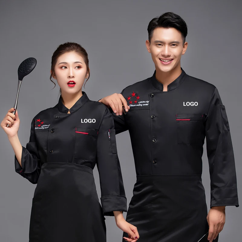 Mens Chef เสื้อชุดทำงานแขนสั้นเสื้อ Hotel ร้านอาหารห้องครัวคอตั้ง Cook อาหาร Pakaian Pelayanan พิมพ์โลโก้