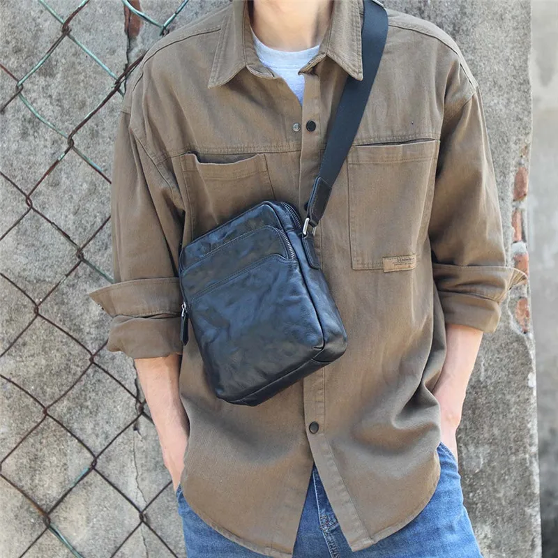 Casual vintage natural genuine leather men's black shoulder bag simple daily pleated luxury real cowhide small messenger bag