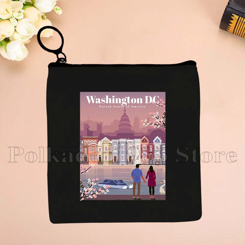 New York Chicago Seattle San Francisco Toronto Las Vegas Los Angeles Miami Seattle Canvas Coin Purse Key Case Bag Wallet Pouch