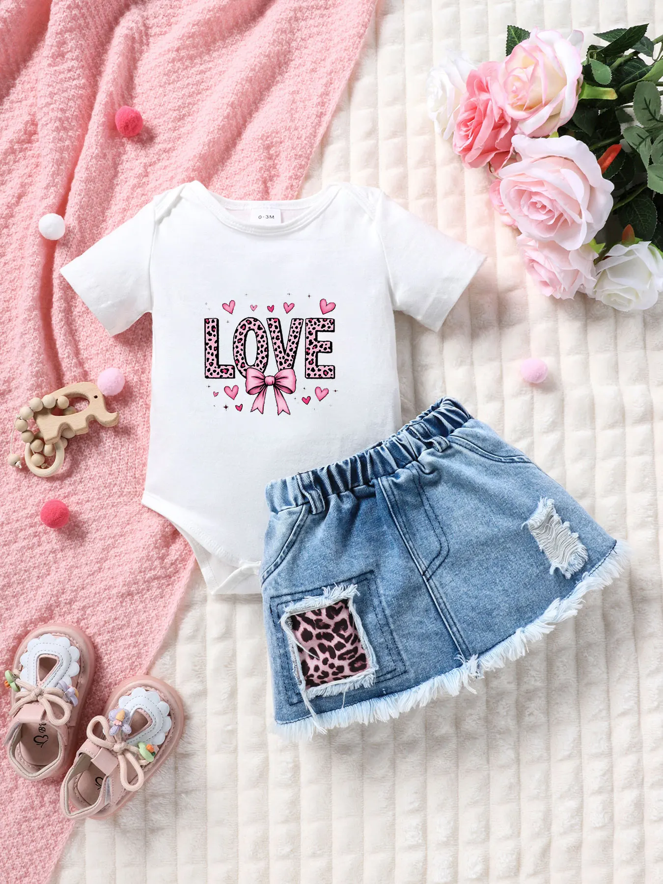 Summer Baby Girl Outfit Set 'LOVE' Leopard Letter Butterfly Knot Core Pattern Sweet Cool Style Short Sleeve Onesie + Ripped Leop