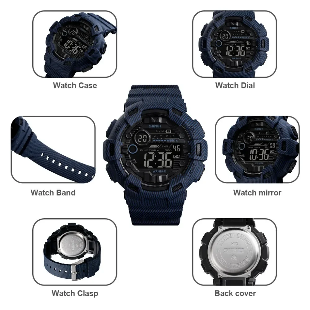 SKMEI 1472 Denim Digital Watch relogio masculino Sport Watch Men Alarm Clock Cowboy Waterproof Week Display Men Watches