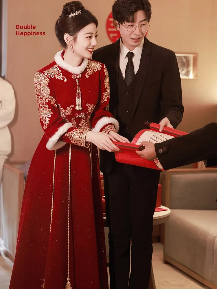 

Ele Chinese Sle Wedding Dr Embroidered Long Sve Evening Gown for Wedding Ceremony And Banquet Celebration