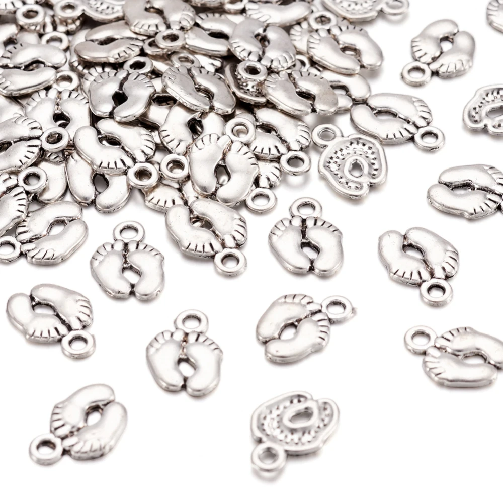 100pcs Tibetan Silver Color Cute Baby Foot Print Style Charms Newborn Baby Bracelet Anklet Necklace Pendants Jewelry Making