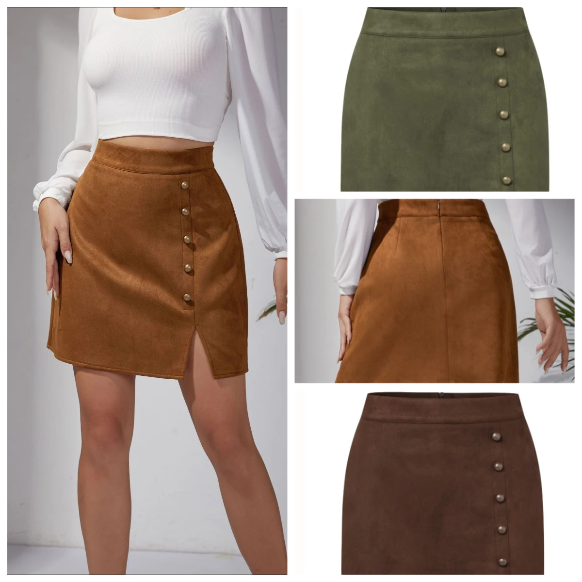 

New In Autumn Winter Women's Solid Suede High Waist Office Wear Professional Lady Skirt Metal Buckle Bodycon Sexy Short Skirts