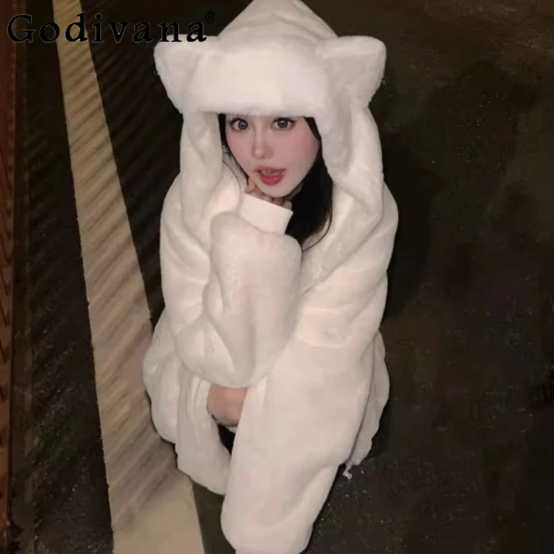 لطيف أفخم الخريف الشتاء معطف الأصلي الإناث صوف مبطن سترة يابانية دافئة المرأة الحلو رقيق القطن مبطن معاطف