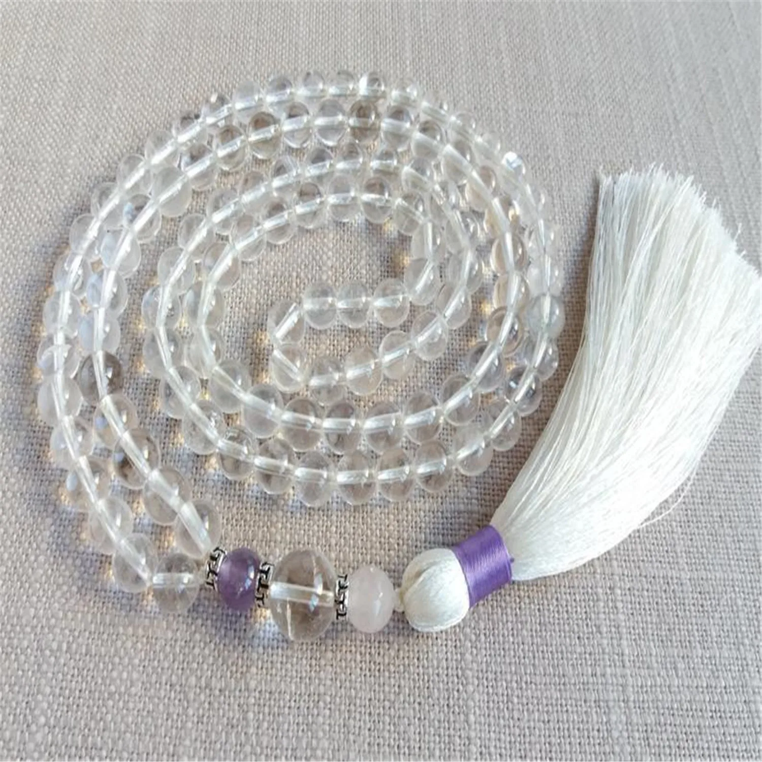 8mm Natural Clear Quartz 108 Beads Tassel Knot Necklace Crystal Spiritual Opera length Hipster Fashion Mala  Men