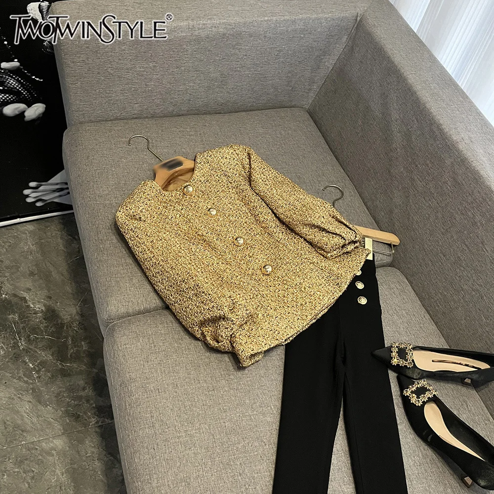 

TWOTWINSTYLE Elegant Vintage Solid Jackets For Women Round Neck Long Sleeve Spliced Button Chic Jacket Female Fashion KJA521083