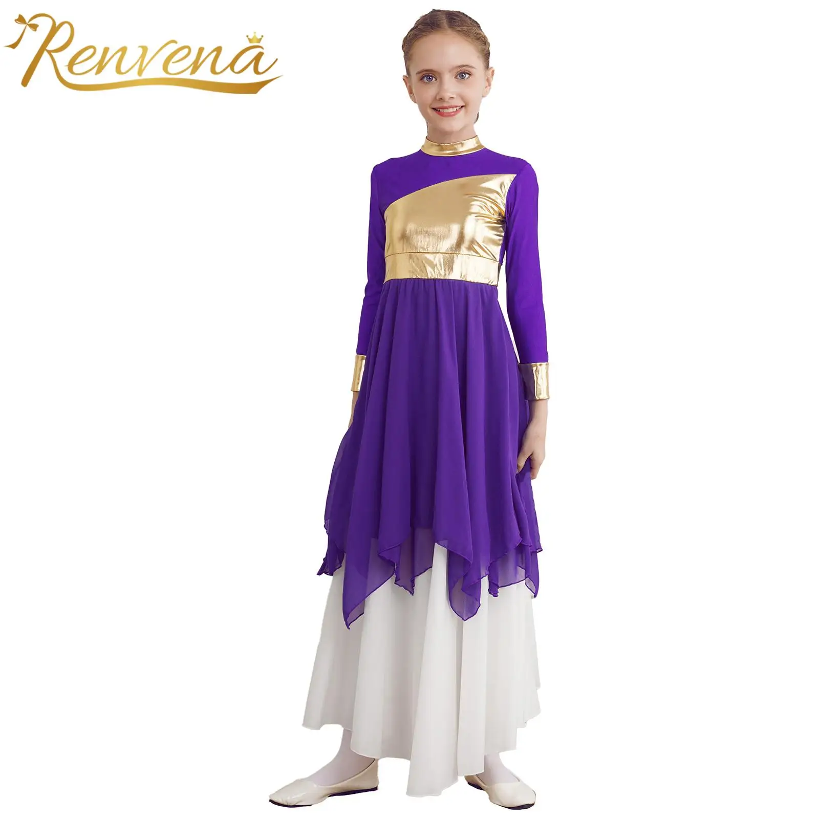Kids Girls Lyrical Gowns Long Sleeve Spiritual Dance Dress Dancewear Metallic Patchwork Liturgical Praise Church Worship Costume