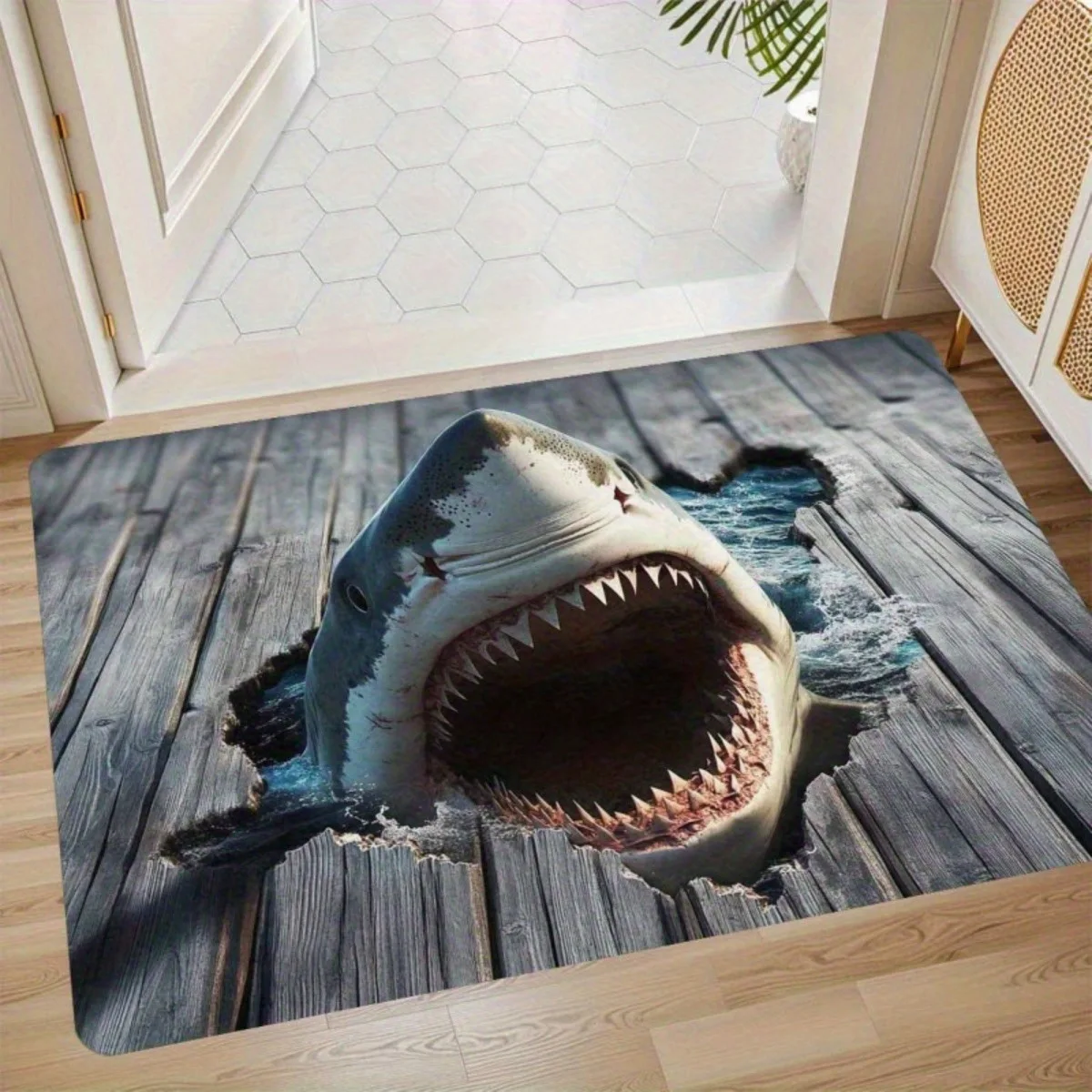 Optical Illusion Cave Waterfall Shark Ocean Landscape Print Doormat Non Slip Absorbent Indoor Outdoor Entryway Floor Rug Mat