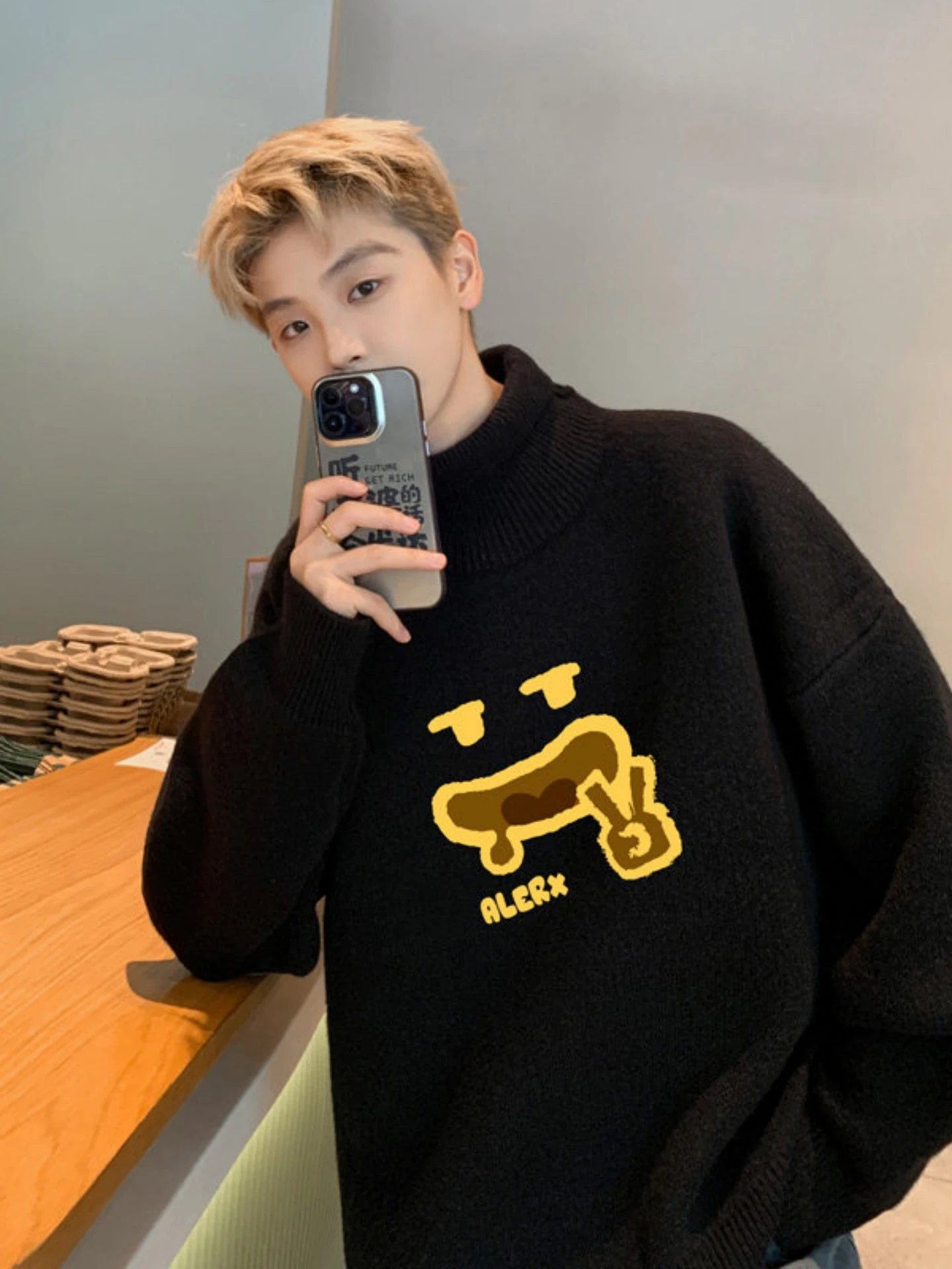 

American Sle High Collar Knitted Sweater Men Winter Thiened Fce Lazy Loose Couple Tops Cartoon Print Casual Wear