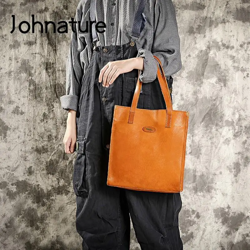 Johnature Casual Tote 2024 New Genuine Leather Women Shopping Bag Outdoor Leisure Solid Color Real Cowhide Shoulder Bags