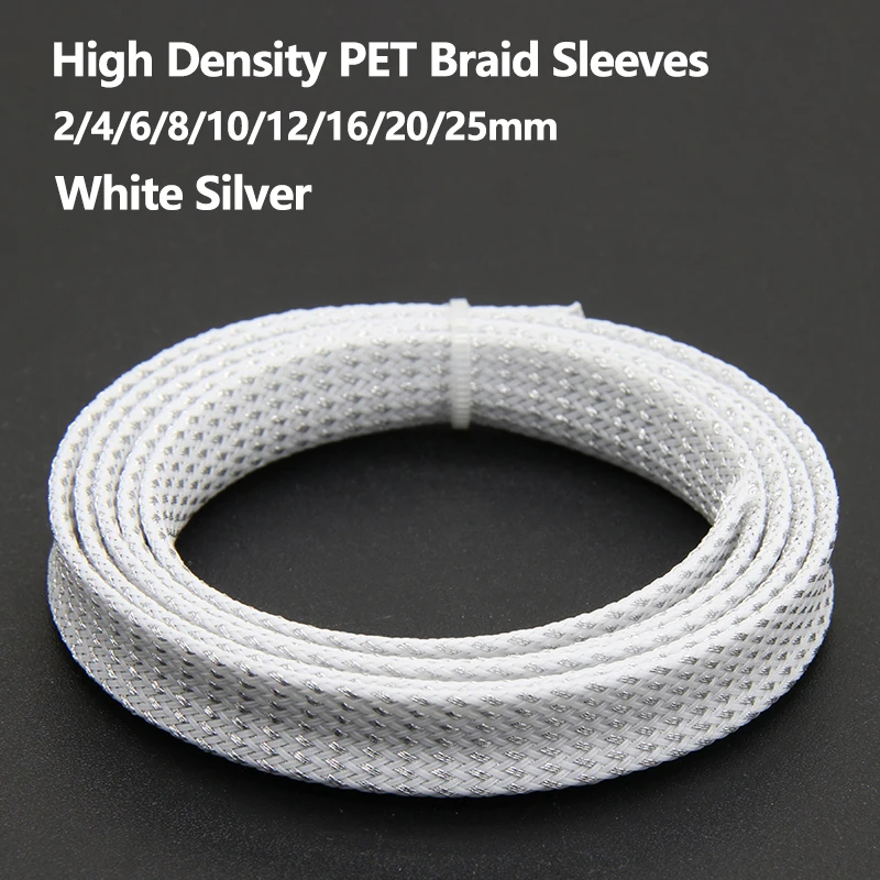 

1~50m White Silver PET Braid Sleeve 2/4/6/8/10/12/16/20/25mm High Density Snake Skin Cable Wrap Sheath For Electric Cables