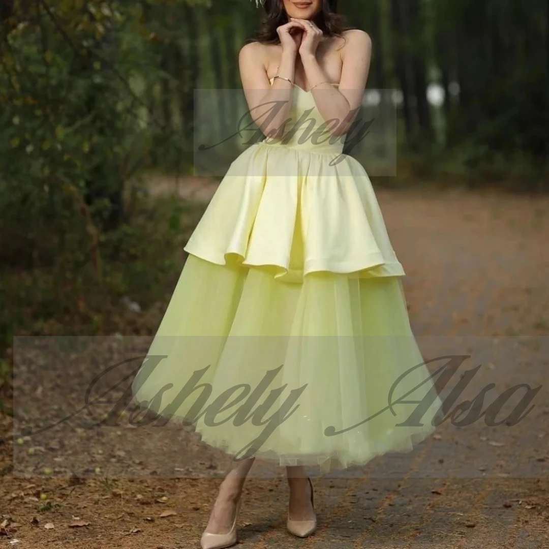 간단한 빛 노란색 댄스 파티 특별 행사 드레스 연인 새틴 Tulle 차 길이 웨딩 게스트 파티 이브닝 ​​가운 NewCustomized