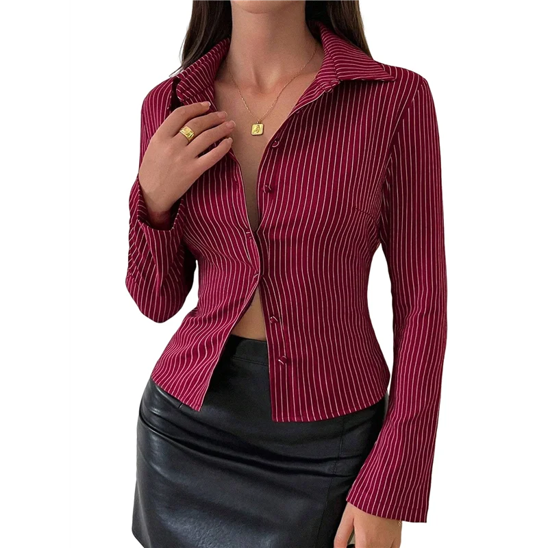

AG-Women's Striped Button Down Crop Shirt Long Sleeve Fitted Blouse Work Shirt Top
