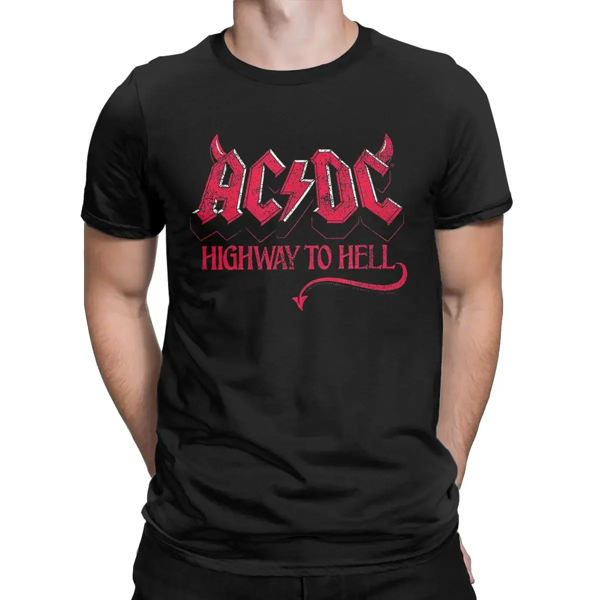 AC Highway To Hell DC Men T Shirt Distressed Rock Music Funny Tee Shirt Short Sleeve Round Neck T-Shirt 100% Cotton Printed Tops