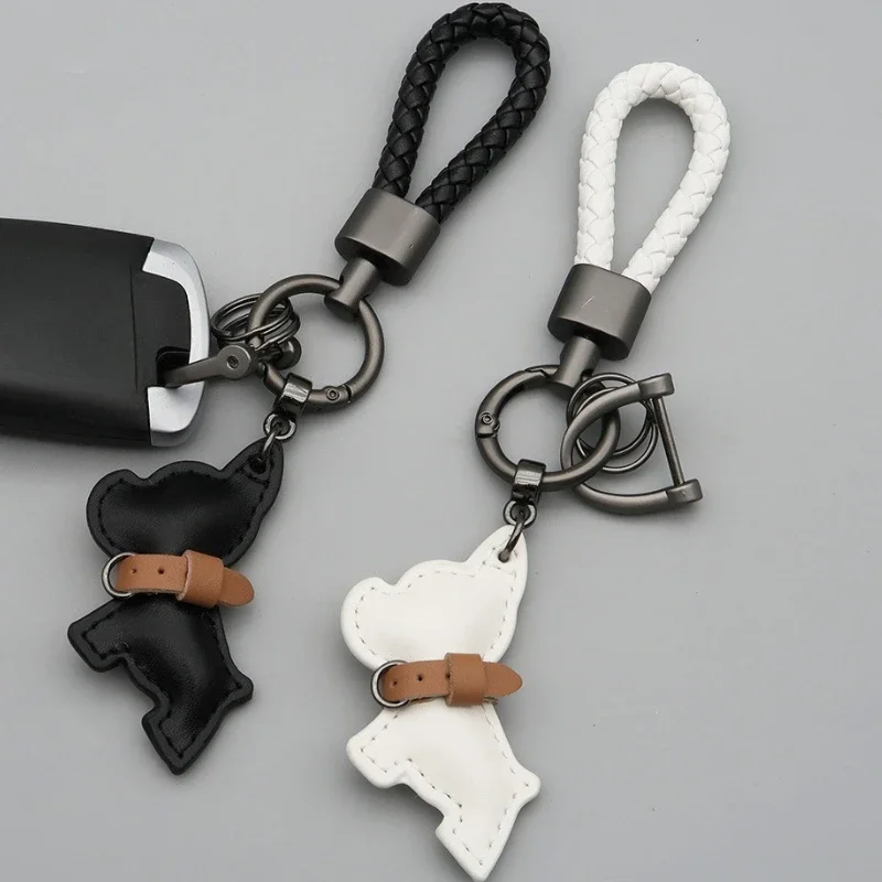 Cartoon Cute Dog Custom Name Number Car Keychain Laser Personalized Logo Leather Key Chain Ring Puppy Pendant Braid Rope Keyring