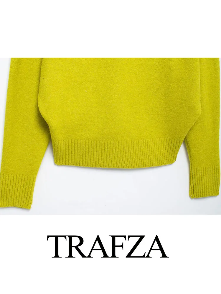 TRAFZA Women Autumn New Chic V-Neck Long Sleeve Knitted Pullover Sweater Female Elegant High Street Casual Solid Sweater Mujer