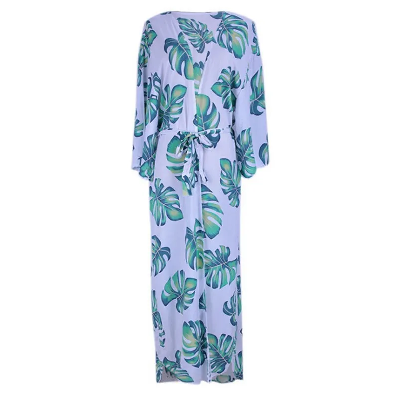 Vintage أوراق الاستوائية طباعة بيكيني Cover طويلة تونك فستان شاطئ الصيف عادية أنيقة النساء ملابس الشاطئ