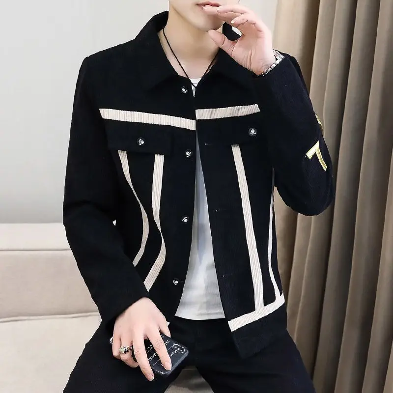 Jaket korduroi untuk pria, jaket jas korduroi musim gugur model Korea, jaket slim fit pemuda, atasan kepribadian kasual modis netral musim gugur 2-A42