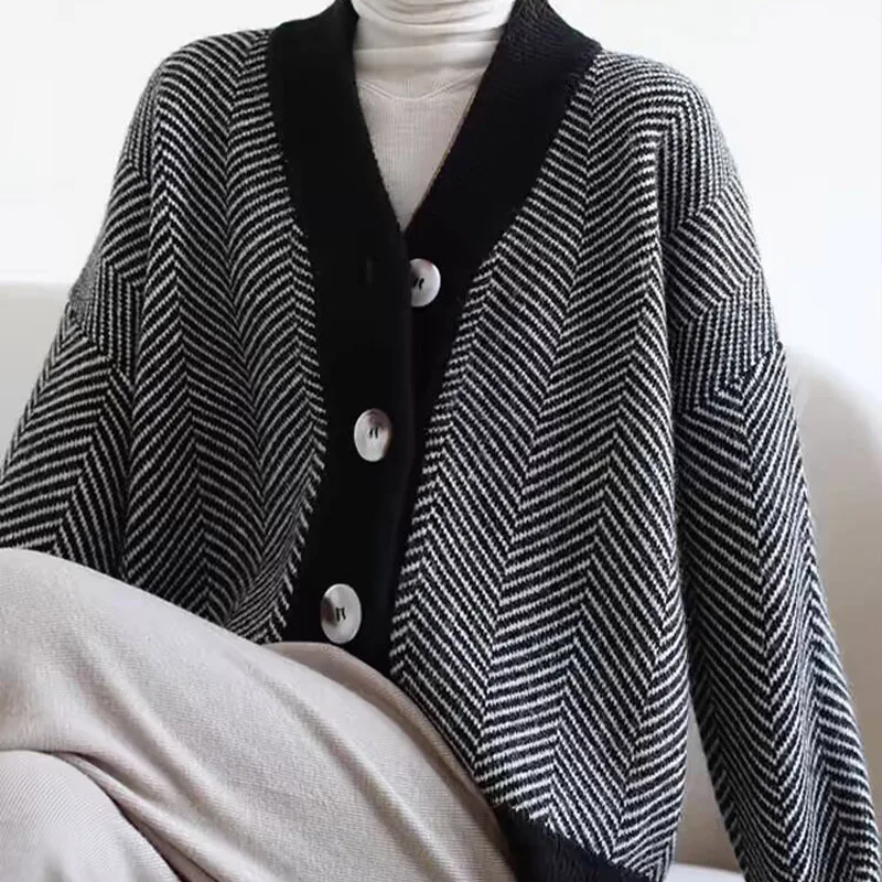 Women Clothing Y2K Striped Thick Knitted Cardigan Autumn Winter Fashion Temperament Commute Loose Sweaters