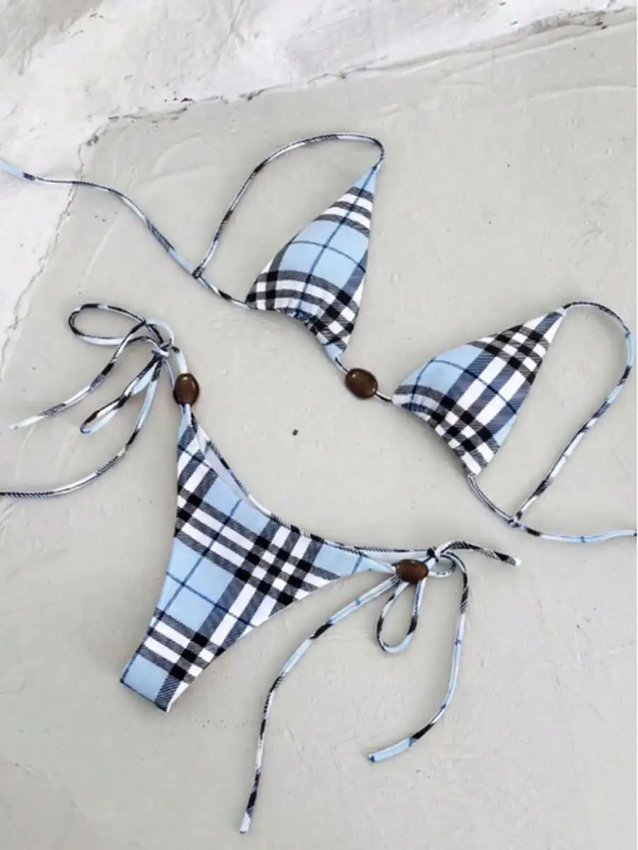 

Womens Plaid Spaghetti Strap Bikini Set With Bead Decor, Sexy Beach Swimwear For Summer Vacation