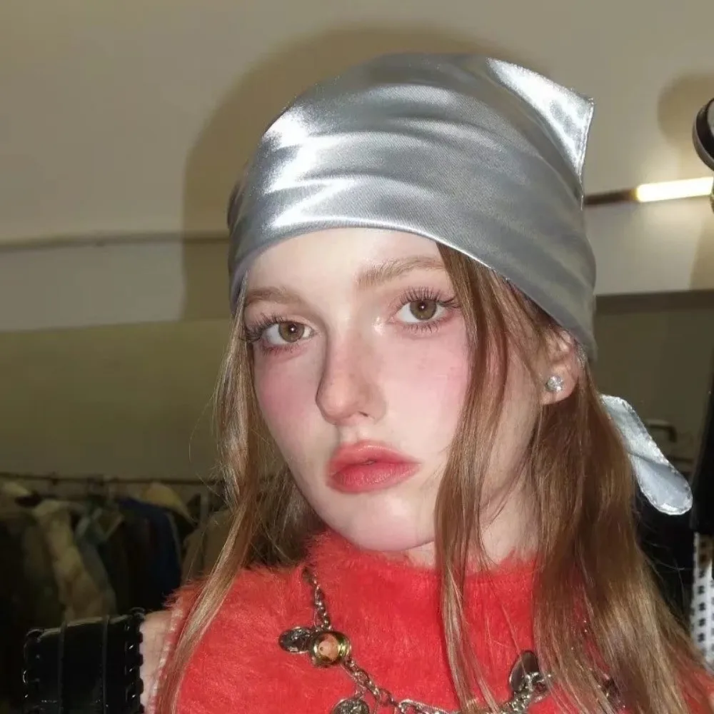 Retro Y2K Headscarf Hat PU Leather Punk Style Hip-hop Kerchief Bling Bling Square Scarf Bandana Scarf