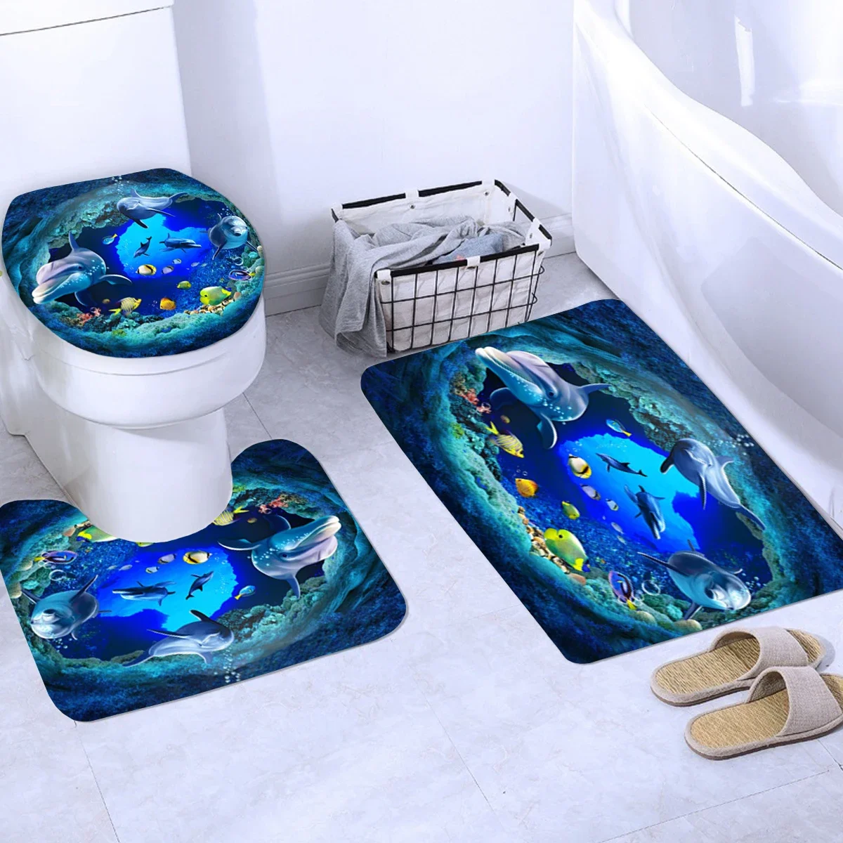 3D Oceaan Ontwerp Dolfijn Waterdichte Stof Badkamer Gordijn Blauw Douchegordijnen Set Antislip Tapijten Wc Deksel Cover Badmat