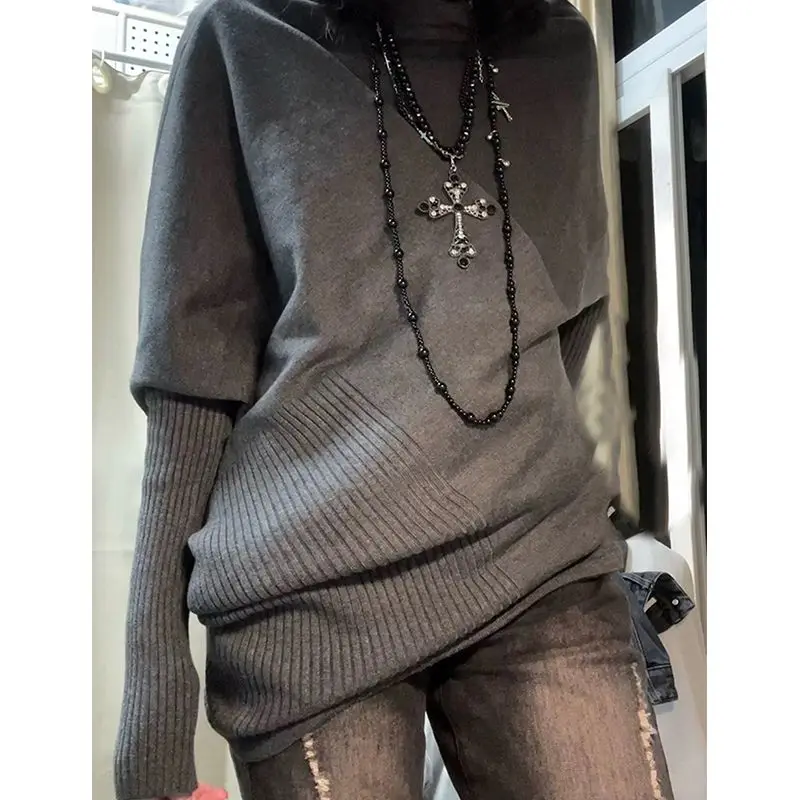 American Vintage Autumn Winter Women Sweater Solid Turtleneck Patchwork Irregular Bat Type Long Sleeve Pullovers Knitted Tops