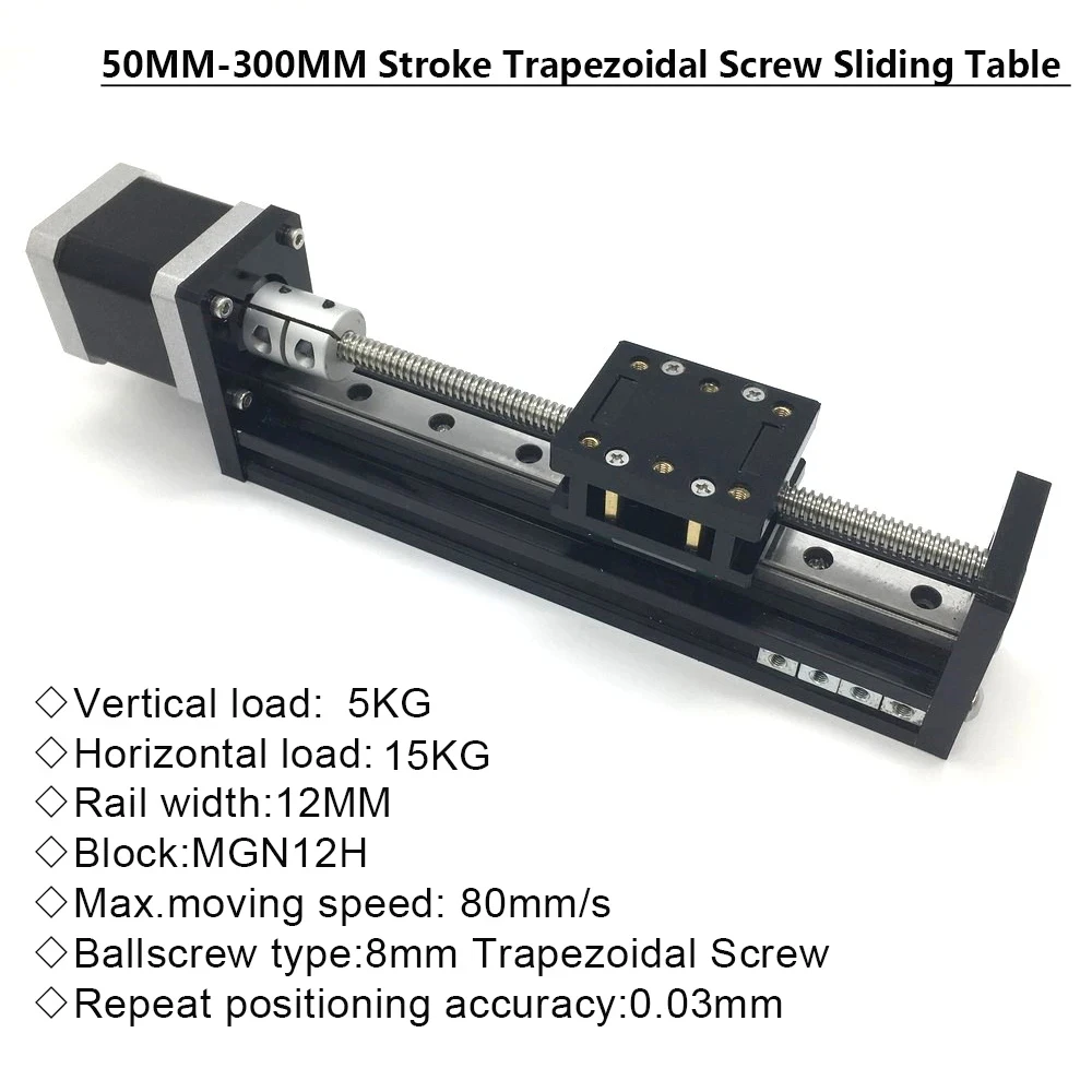 

50~300mm Stroke T-type Sliding Table Rail Linear Stage Transport Guide Platform 2-8mm Pitch & NEMA17 0.28Nm 0.7Nm Stepper Motor