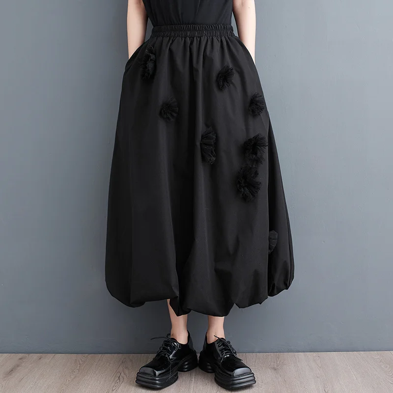 #3015 Spliced Flower Black Skirts Women Loose High Waisted Midi Skirts Female Pockets Korean Style Long Tulle Skirt Asymmetrical