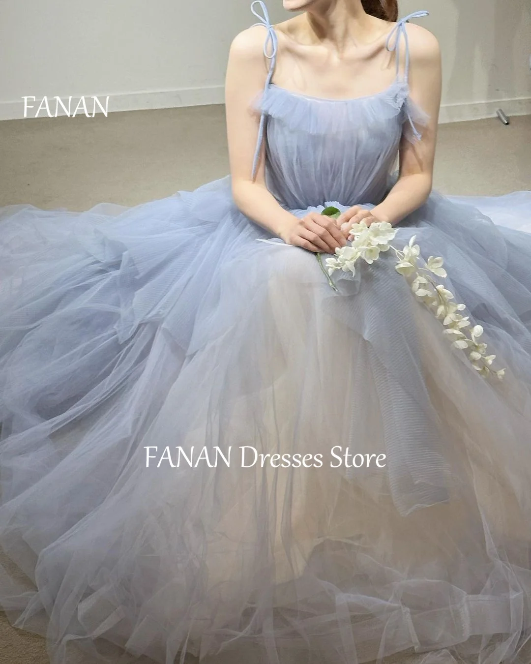 FANAN A-Line Spaghetti Straps Evening Party Dresses Sky Blue Tulle Korea Tiered Wedding Women  Gowns Event Prom Gowns Customized