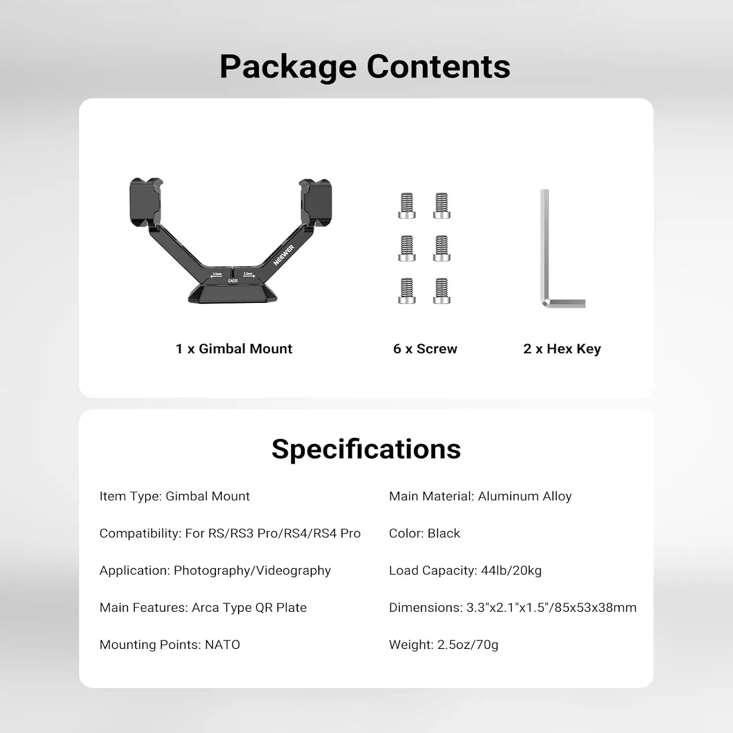 NEEWER Gimbal-Halterung für RS5/RS4/RS4 Pro/RS3/RS Pro, Arca-Typ Schnellwechsel-Schulterrig NATO-Schiene Kamerastabilisator-Adapter – Detail 7