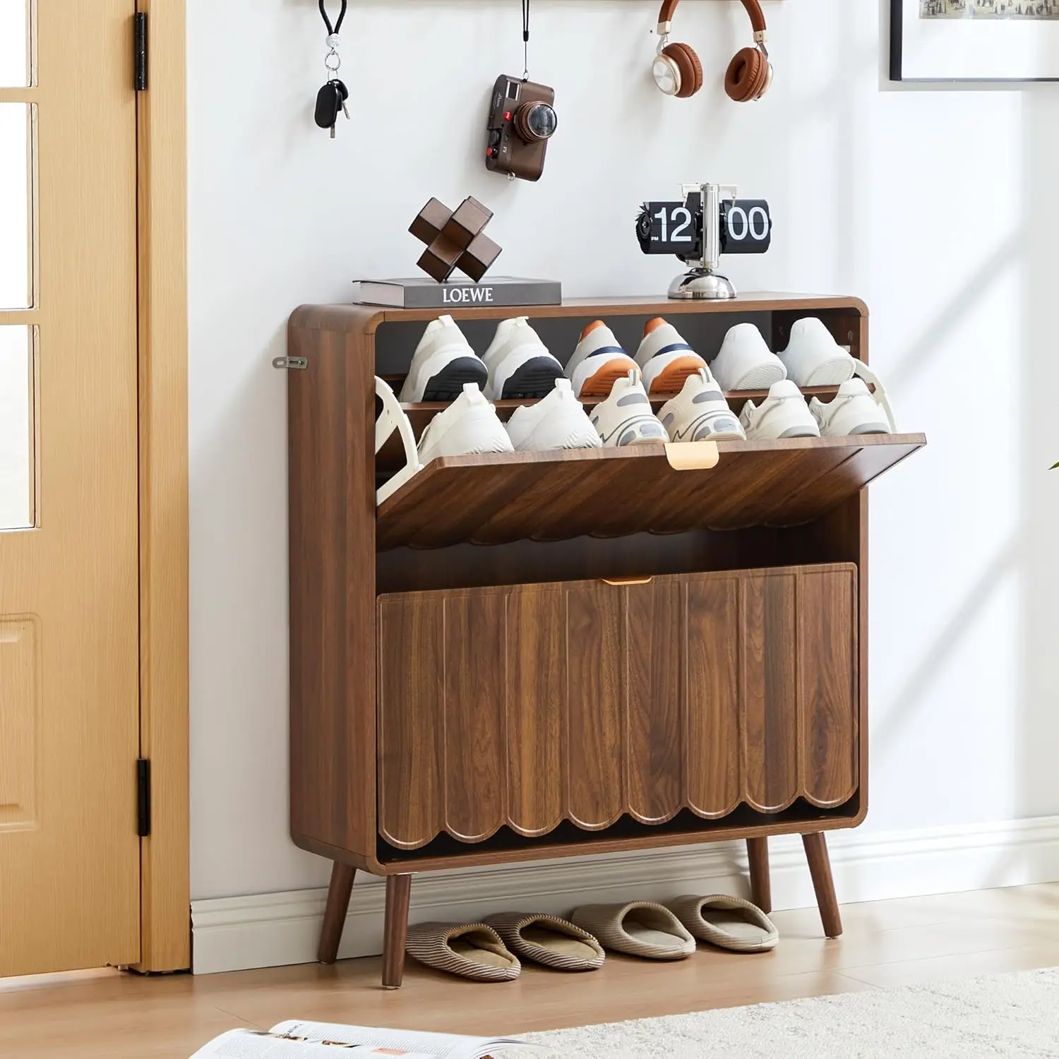 Shoe Storage Cabinet 2 Flip Drawers Freestanding Narrow Wood Wave Panel Hidden Organizer Foyer Hallway, Customized