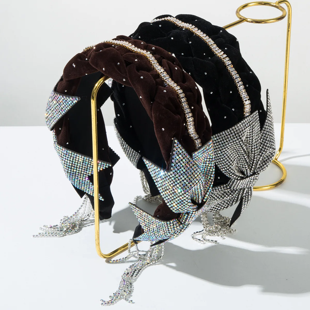 

Korean Style Fashion Velvet Inlaid Full Diamond Super Shiny Bowknot Tassel Headband Party Hair Accessory for Women