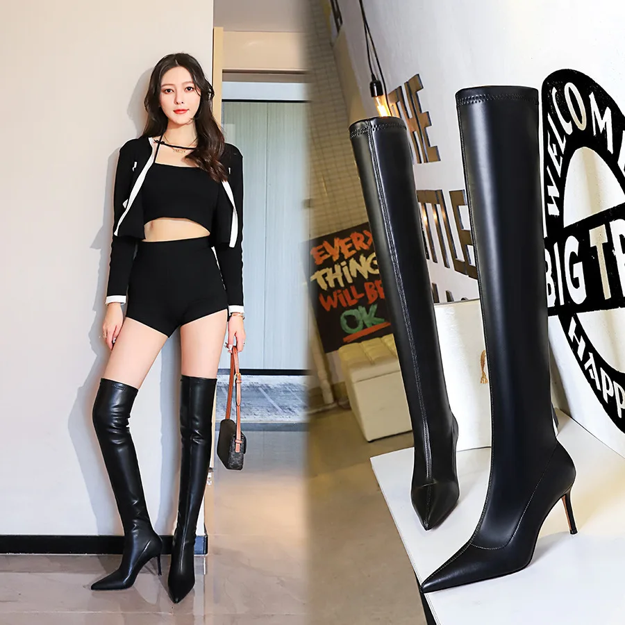 Women Fashionable Sexy Nightclub Slim And Simple Long Boots With Thin High Heels Sharp Pointed Leg Repair Knee Over Length Shoes