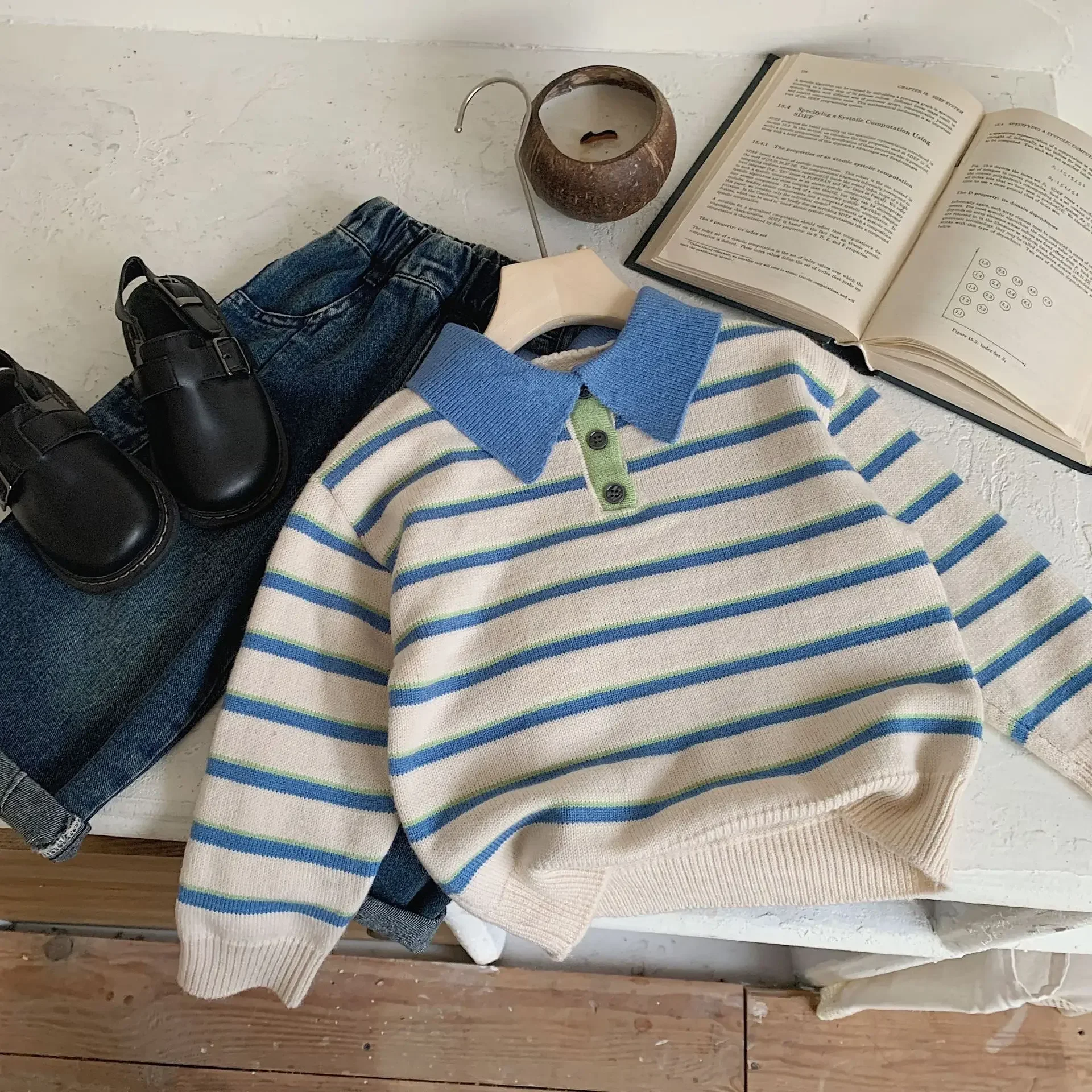 

Children Sweater 2024 Autumn Boy Striped Korean Children's Clothing Cardigan Collar pullover sweater Children's knitted sweater