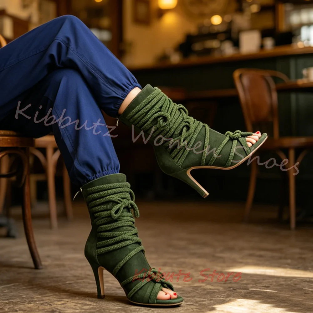 Sandal Ankle Boots Stretchy Rope Wrap Stiletto Heel Peep Toe Sexy Fashion Women Suede Leather Shoes Nightclub Party Elegant Sexy