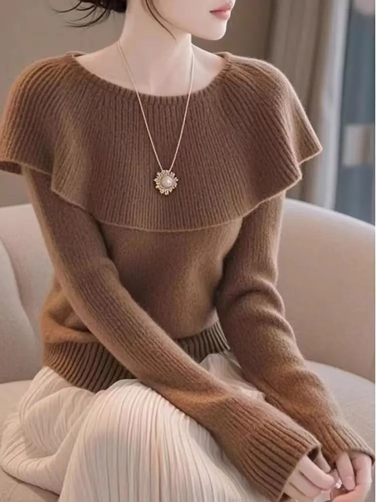 Women Elegant Coffee Ruffled Collar Tops Fashion O Neck Long Sleeved Knitted Sweater Women Pullover Casual Office Lady Autumn