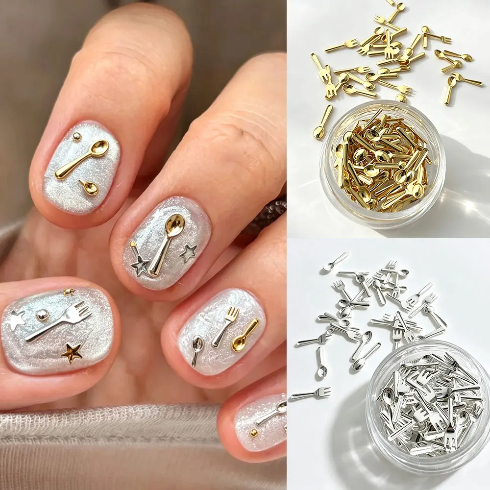 1JAR Mini Tableware Metal Nail Charms Gold Silver 3D Fork Spoon Knife Nail Decorations Cute Tiny Alloy Utensils Nail Accessories