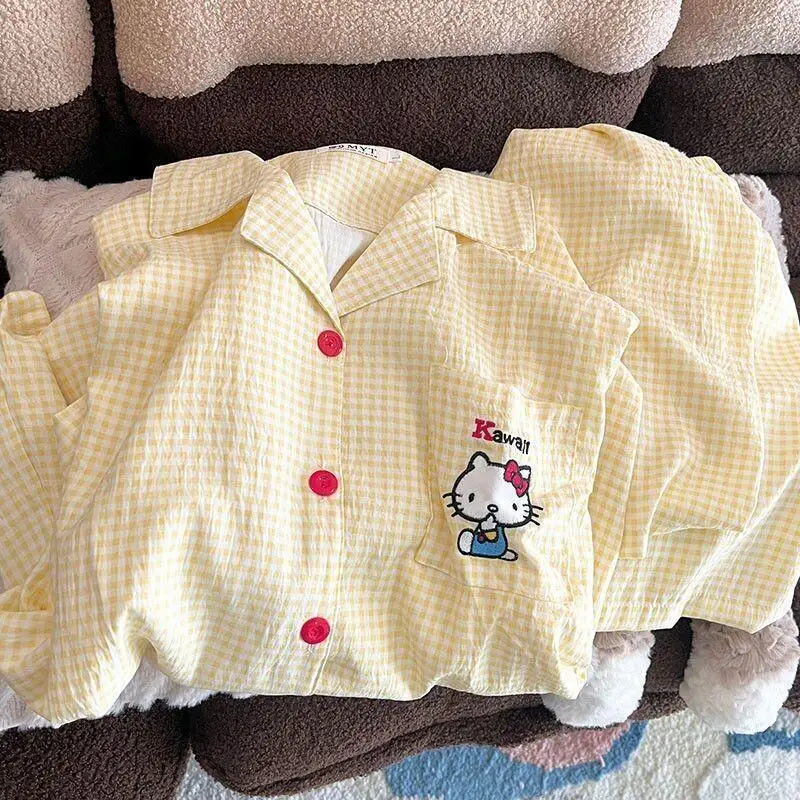 

Комплект пижам Sanrio Hello Kitty из мягкого хлопка для женщин и студенток, домашняя одежда для общежития, милая одежда с длинными рукавами, весна-осень, новый стиль