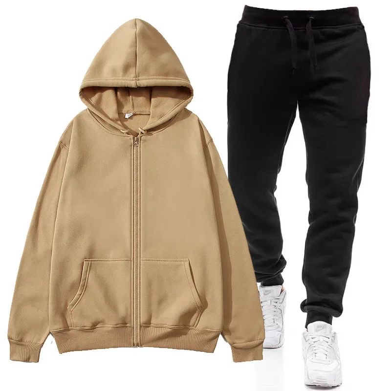 2025 autumn and winter men's new warm sports suit, women's warm zipper hooded sweatshirt+pants two-piece set, running casual spo