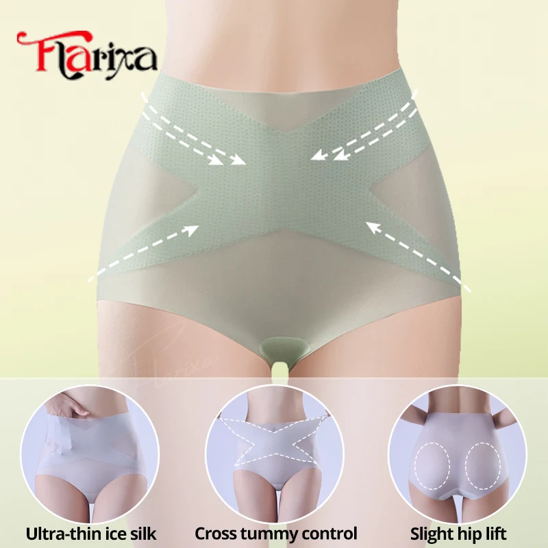 Flarixa 여성용 아이스 실크 팬티, 초박형 하이웨이스트 브리프, 크로스 벨리 슬리밍 속옷, 여성 란제리