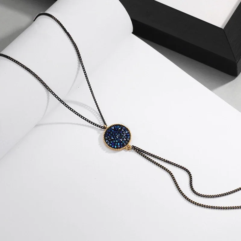 Retro Vintage Round Pendant Necklace Blue Crystals from Austria Long Chain Gold Color Collar For Mothers Women Party